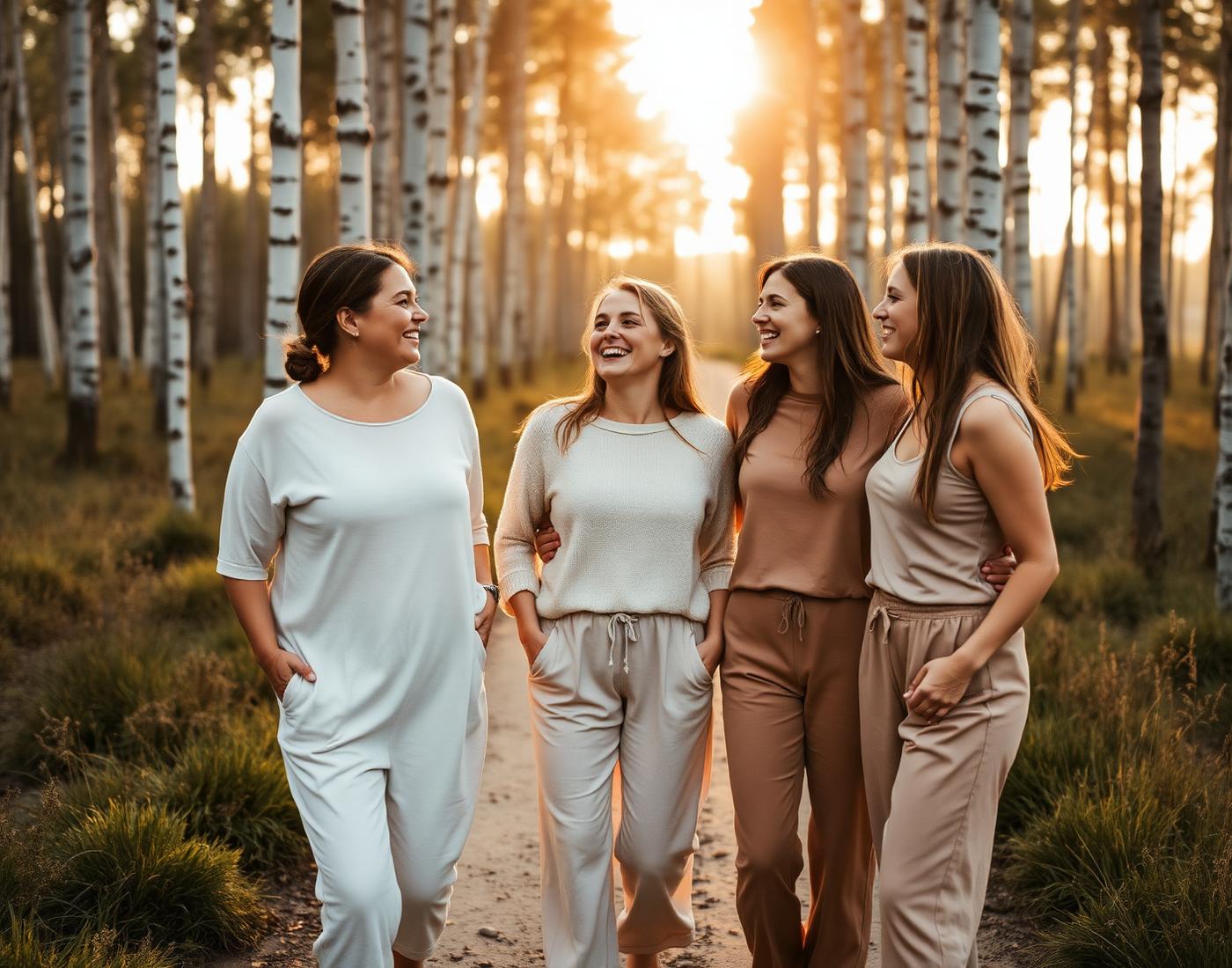 A small group of women walking together on a forest path at golden hour