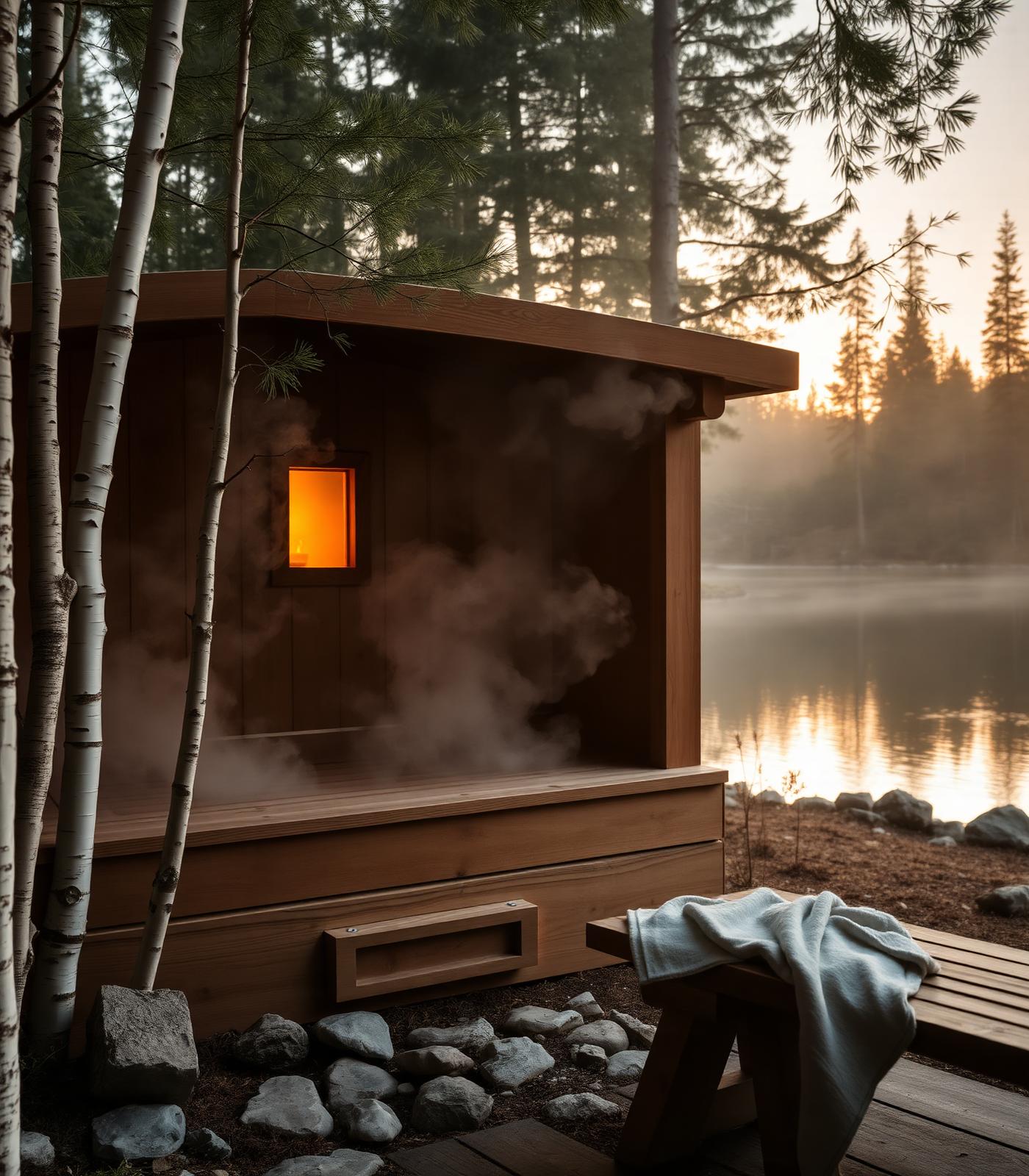 Wood-fired Nordic sauna by a misty lake at golden hour